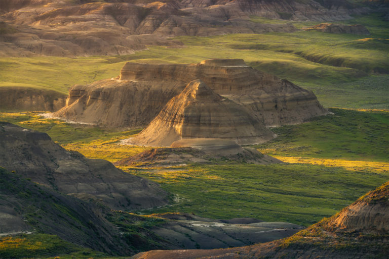 large butte in Grasslands National Park in saskatchewan in sunset light