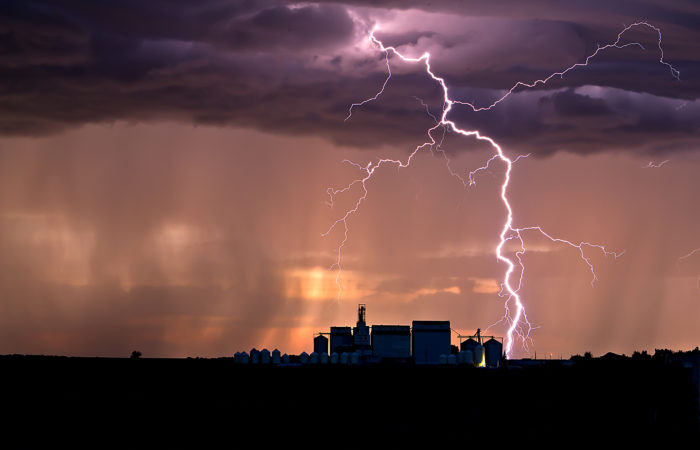 A lightning strike at sunset