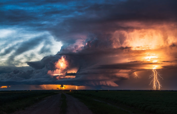 A barrage of lightning out of a thunderstorm in saskatchewan