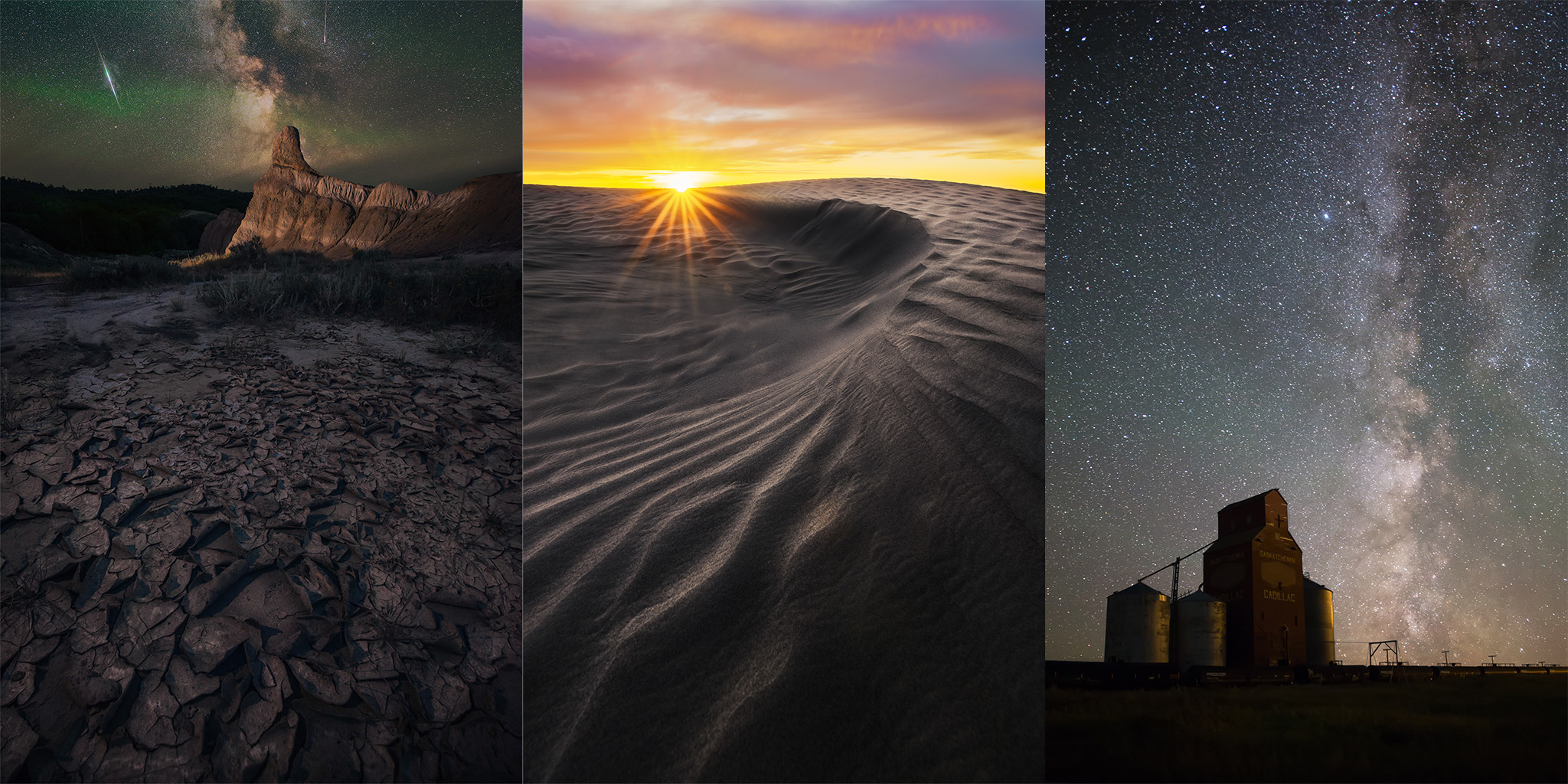 Collage of photos for a night photography workshop around the persied meteor shower. Photos are of the night sky in Saskatchewan